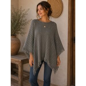 Do Everything In Love Poncho Women OS Gray Knit Fringe Boho Layering Wrap